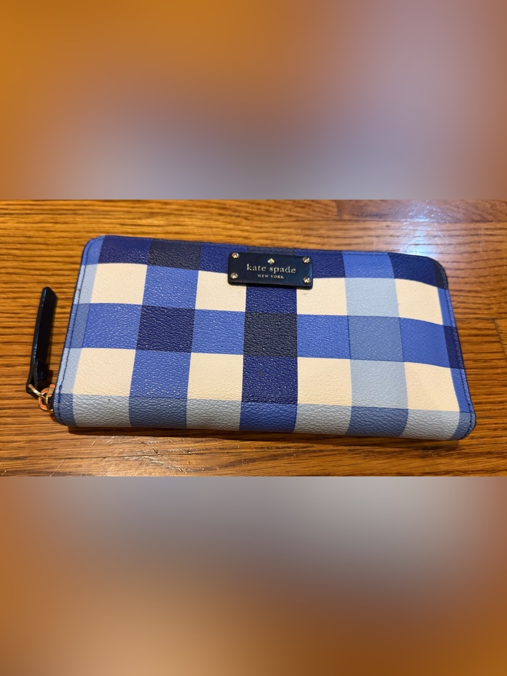 Kate Spade New York Blue Gingham Plaid Zip Around Continental Wallet